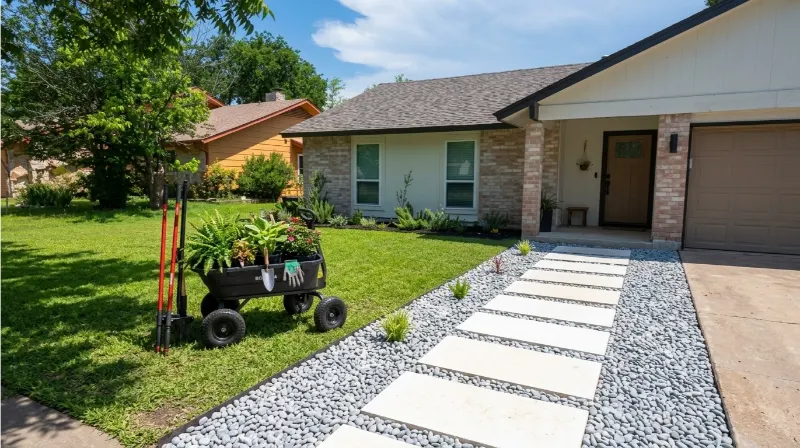 Paver walkway through a gravel front yard in Las Cruces, NM