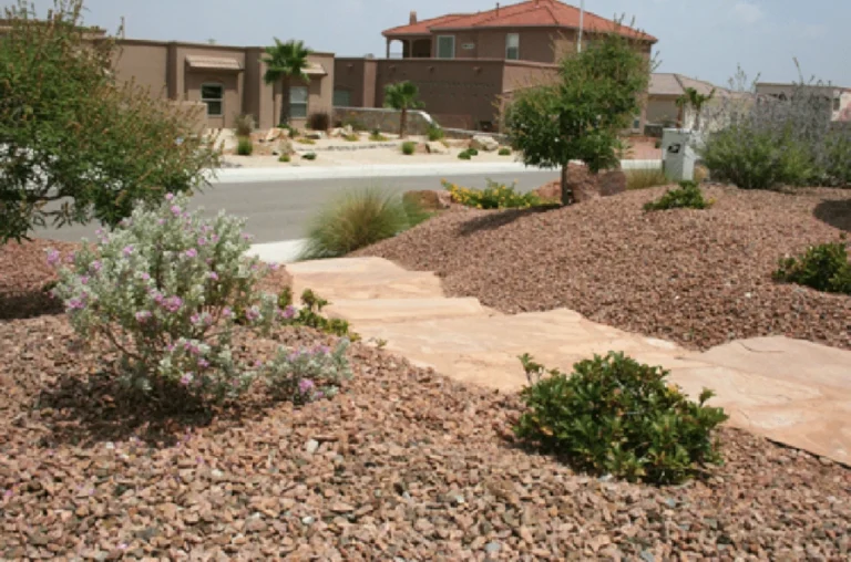 Front yard rock landscaping with red crushed gravel, flagstone steps and Texas sage in Las Cruces